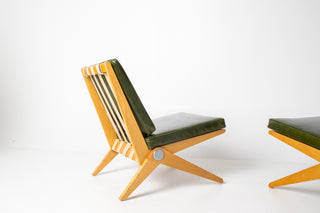 Rare Pair of Pierre Jeanneret "Scissors" Lounge Chairs for Knoll in Moss Green Leather