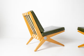 Rare Pair of Pierre Jeanneret "Scissors" Lounge Chairs for Knoll in Moss Green Leather