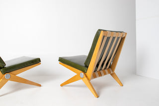 Rare Pair of Pierre Jeanneret "Scissors" Lounge Chairs for Knoll in Moss Green Leather