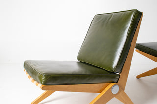 Rare Pair of Pierre Jeanneret "Scissors" Lounge Chairs for Knoll in Moss Green Leather