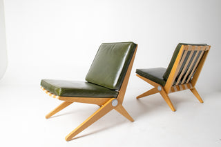 Rare Pair of Pierre Jeanneret "Scissors" Lounge Chairs for Knoll in Moss Green Leather