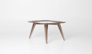 Filippo Chissotti biomorphic walnut and glass cocktail table Italy 1950s-60s, full front view showing sculptural continuous walnut frame and dramatically splayed paired legs with cream inlay stripe, Hobbs Modern San Diego