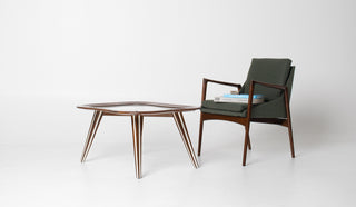 Filippo Chissotti biomorphic walnut and glass cocktail table shown to scale alongside mid-century modern lounge chair, Hobbs Modern San Diego