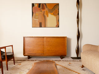 George Nakashima credenza; Nakashima Studio Craft sideboard; solid walnut live-edge cabinet; book-matched walnut sliding-door credenza; dovetail case joinery; Japanese wabi-sabi modern furniture; collectible American Studio Craft, New Hope.