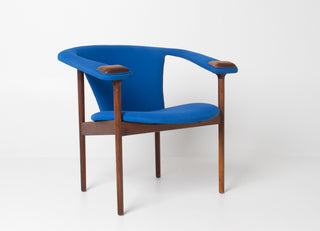 Blue chair with wooden frame on a white background
