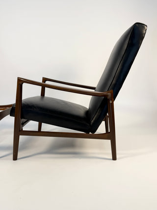 Ib Kofod-Larsen Recliner and Ottoman for Selig in Black Italian Leather