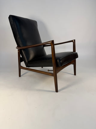 Ib Kofod-Larsen Recliner and Ottoman for Selig in Black Italian Leather