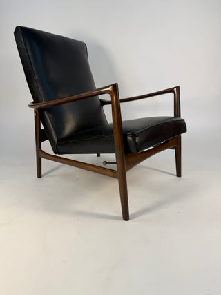 Ib Kofod-Larsen Recliner and Ottoman for Selig in Black Italian Leather