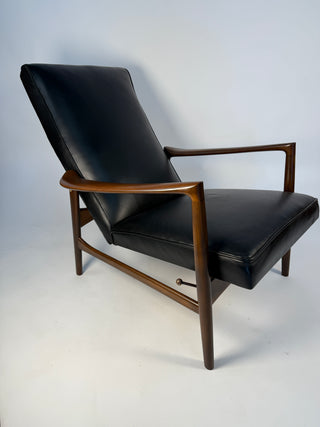 Ib Kofod-Larsen Recliner and Ottoman for Selig in Black Italian Leather