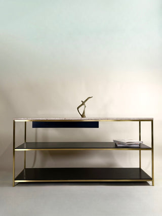 Paul McCobb Console Solid Brass with Travertine Top, Irwin Collection By Calvin Group