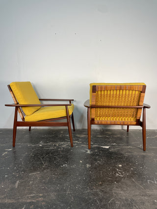 Pair of Hans Olsen Afromosia & Cane Lounge Chairs for Juul Kristensen