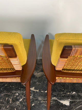 Pair of Hans Olsen Afromosia & Cane Lounge Chairs for Juul Kristensen