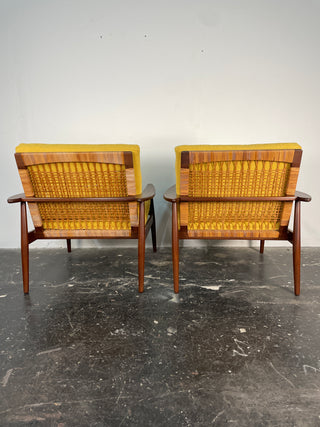 Pair of Hans Olsen Afromosia & Cane Lounge Chairs for Juul Kristensen