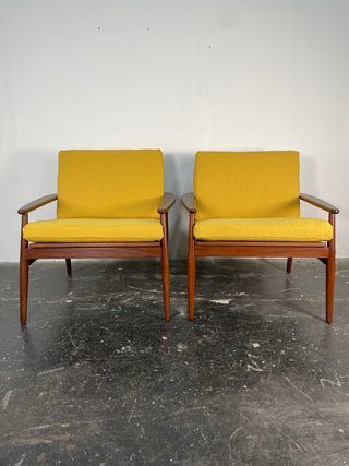 Pair of Hans Olsen Afromosia & Cane Lounge Chairs for Juul Kristensen