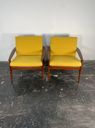 Pair of Hans Olsen Afromosia & Cane Lounge Chairs for Juul Kristensen