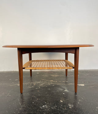 Johannes Andersen Teak Round Coffee Table with Cane Shelf
