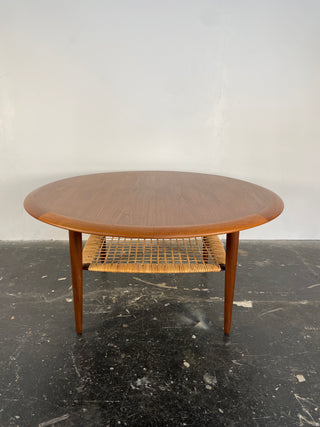Johannes Andersen Teak Round Coffee Table with Cane Shelf
