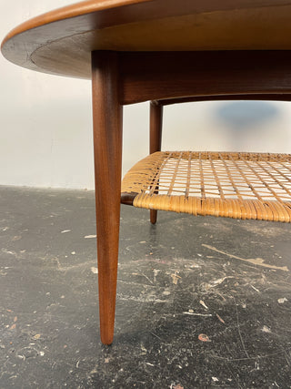 Johannes Andersen Teak Round Coffee Table with Cane Shelf
