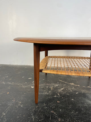 Johannes Andersen Teak Round Coffee Table with Cane Shelf