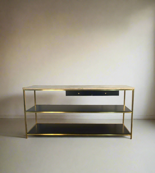 Paul McCobb Console Solid Brass with Travertine Top, Irwin Collection By Calvin Group