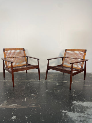 Pair of Hans Olsen Afromosia & Cane Lounge Chairs for Juul Kristensen