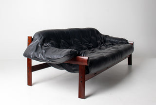 Percival Lafer Couch MP-41 in New Black leather and Brazilian Hardwood