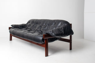 Percival Lafer Couch MP-41 in New Black leather and Brazilian Hardwood