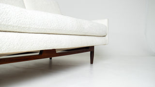 Jens Risom Model 2516 Sculptural Sofa – Vanilla Ice Cream Bouclé with Walnut Base