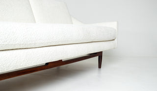 Jens Risom Model 2516 Sculptural Sofa – Vanilla Ice Cream Bouclé with Walnut Base