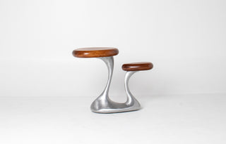 Metal, solid mahogany and solid aluminium pedastal tables 