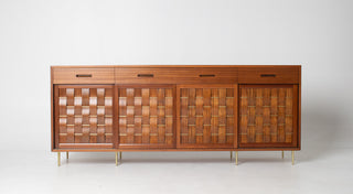 Edward Wormley Woven Front Credenza in Ribbon Mahogany with Brass Accents for Dunbar