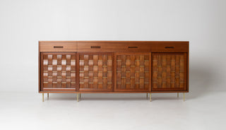 Edward Wormley Woven Front Credenza in Ribbon Mahogany with Brass Accents for Dunbar