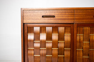 Edward Wormley Woven Front Credenza in Ribbon Mahogany with Brass Accents for Dunbar