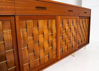Edward Wormley Woven Front Credenza in Ribbon Mahogany with Brass Accents for Dunbar