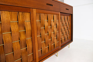 Edward Wormley Woven Front Credenza in Ribbon Mahogany with Brass Accents for Dunbar