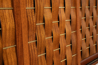 Edward Wormley Woven Front Credenza in Ribbon Mahogany with Brass Accents for Dunbar