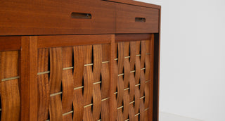 Edward Wormley Woven Front Credenza in Ribbon Mahogany with Brass Accents for Dunbar