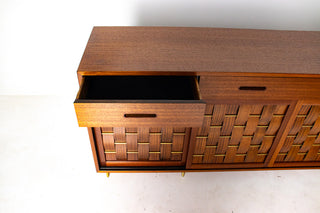 Edward Wormley Woven Front Credenza in Ribbon Mahogany with Brass Accents for Dunbar