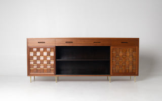 Edward Wormley Woven Front Credenza in Ribbon Mahogany with Brass Accents for Dunbar