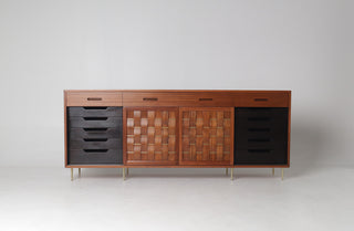 Edward Wormley Woven Front Credenza in Ribbon Mahogany with Brass Accents for Dunbar