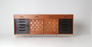 Edward Wormley Woven Front Credenza in Ribbon Mahogany with Brass Accents for Dunbar