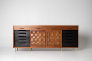 Edward Wormley Woven Front Credenza in Ribbon Mahogany with Brass Accents for Dunbar