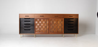 Edward Wormley Woven Front Credenza in Ribbon Mahogany with Brass Accents for Dunbar