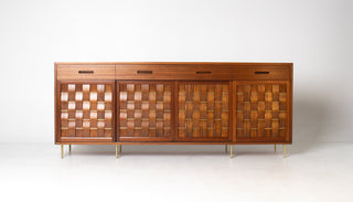 Edward Wormley Woven Front Credenza in Ribbon Mahogany with Brass Accents for Dunbar