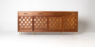 Edward Wormley Woven Front Credenza in Ribbon Mahogany with Brass Accents for Dunbar