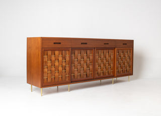 Edward Wormley Woven Front Credenza in Ribbon Mahogany with Brass Accents for Dunbar