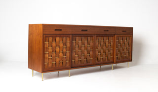 Edward Wormley Woven Front Credenza in Ribbon Mahogany with Brass Accents for Dunbar