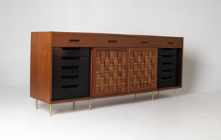 Edward Wormley Woven Front Credenza in Ribbon Mahogany with Brass Accents for Dunbar