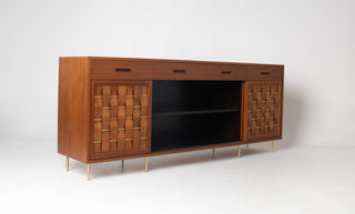 Edward Wormley Woven Front Credenza in Ribbon Mahogany with Brass Accents for Dunbar
