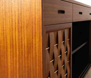 Edward Wormley Woven Front Credenza in Ribbon Mahogany with Brass Accents for Dunbar
